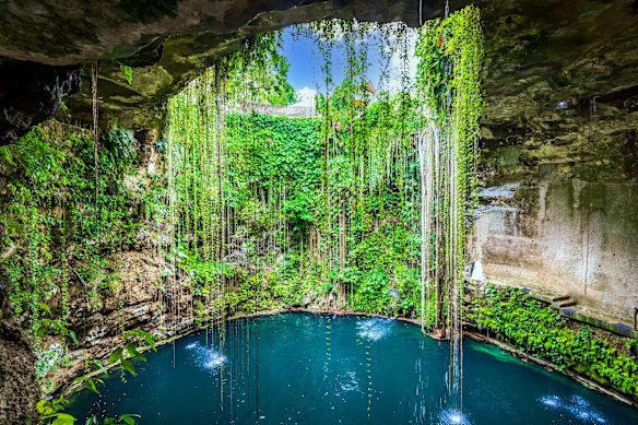 Mexico’s Yucatan Peninsula  is home to stunning crystal-clear cenotes, or sinkholes, such as this example.