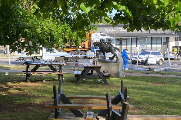 The scene at a Daylesford beer garden, where a car ploughed into patrons on Sunday.