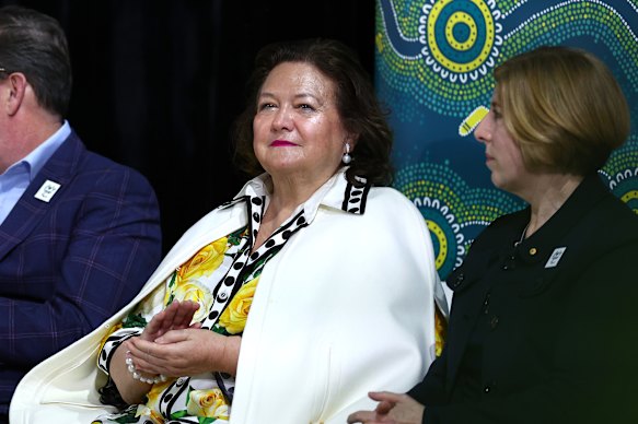 Gina Rinehart at the Australian 2024 Paris Paralympic Swimming squad announcement at the Brisbane Aquatic Centre in June of that year.