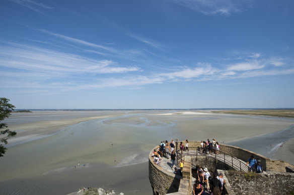 Views from the abbey of the swirling tidal bay.