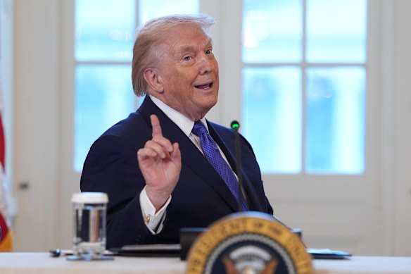 President Donald Trump talks about the White House ballroom construction as he arrives for a meeting with oil executives in January this year. 