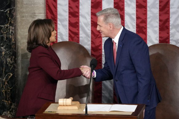 US Vice President Kamala Harris shakes hands with House speaker Kevin McCarthy. 