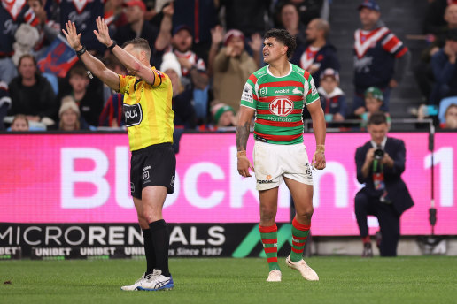 Latrell Mitchell is sent to the sin bin on Friday night.