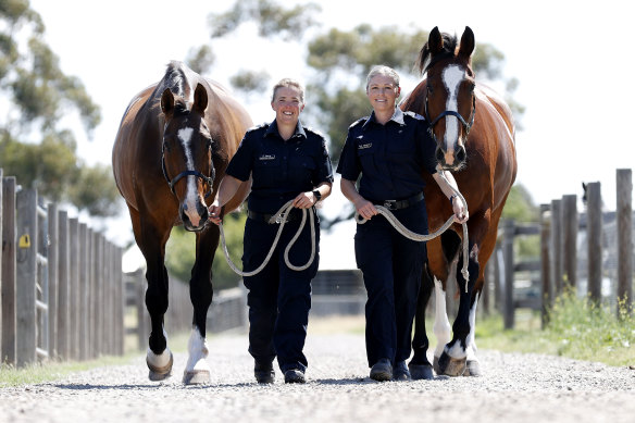 Leading Senior Constable Emma Sharp with police horse Xavier and Acting Sergeant Samantha Christian with Raddish.