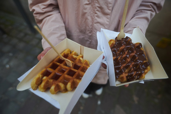 Fresh waffles from street markets in Bruges.
