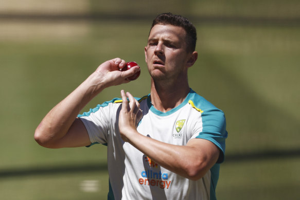 Josh Hazlewood bowling during a net session.