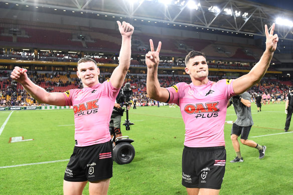 Liam Martin and Nathan Cleary celebrate after beating the Storm.