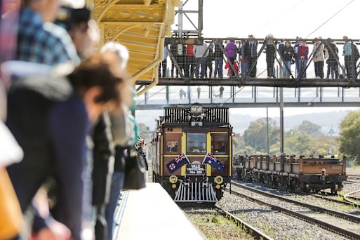 The coffin of former deputy prime minister Tim Fischer arrives by train at the Albury train station for a state funeral on August 29, 2019.