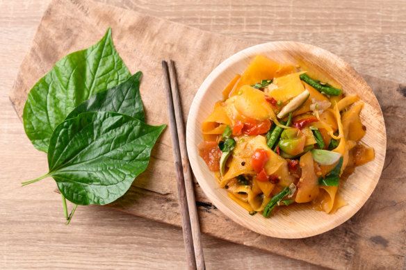 Spicy ripe papaya salad or som tum Luang Prabang, Laos-style.