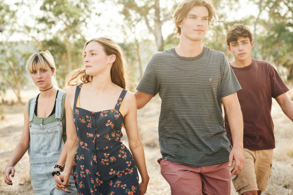 The Dry was notable for foregrounding its young cast, including (l-r): BeBe Bettencourt, Claude Scott-Mitchell, Sam Corlett and Joe Klocek.