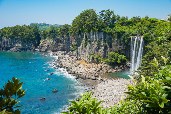 The Jeongbang Waterfall on Jeju Island falls directly into the sea.