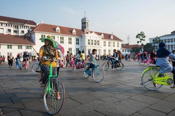Fatahillah Square, in the heart of  Jakarta’s historic Kota Tua district, is a popular place to rent pushbikes. 