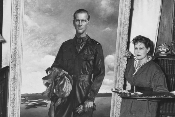 Anna Zinkeisen wth her portrait of Prince Philip in 1956.