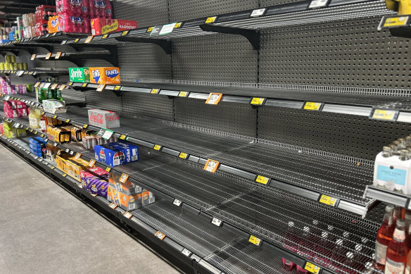 Empty shelves on Sunday at a Woolworths Metro store in Melbourne’s CBD.