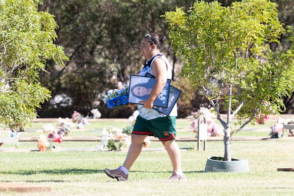 Cathy Quinn arrives at the funerals of her daughter, Sophie Quinn, Sophie’s unborn baby, and her sister Nerida Quinn in Lake Cargelligo. 