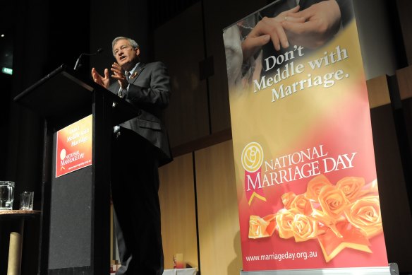 Jim Wallace speaks at a rally in support of marriage at Parliament House in 2011.
