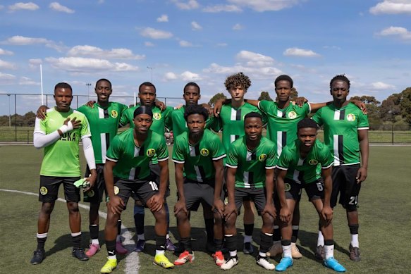 Forward Gonekai (far left) is the manager and goalkeeper for team Zambia, which hails from Albury-Wodonga and will play in the finals of the African Nations Cup.