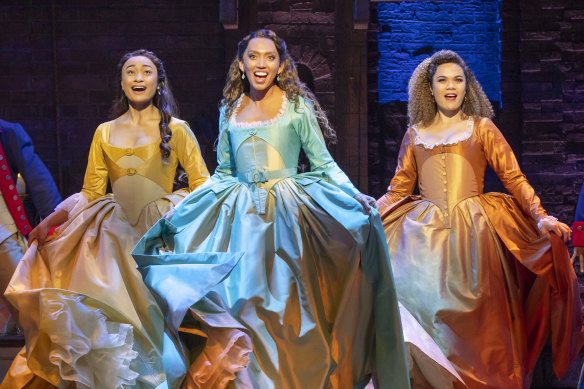 Elandrah Eramiha, Chloe Zuel (middle) and Akina Edmonds, who play the Schuyler sisters, in full costume for Hamilton.