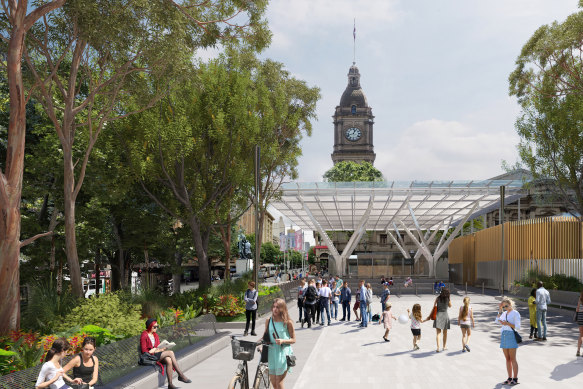 An artist’s render of the entrance to the Melbourne Metro Town Hall station. 