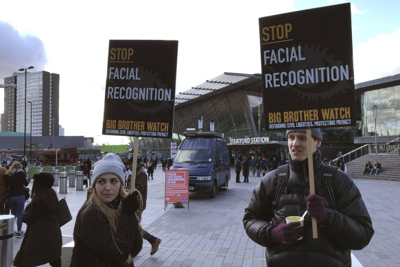 Demonstrators last year in front of a mobile police facial recognition facility outside a shopping centre in London. 