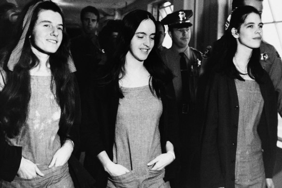 From left, Patricia Krenwinkel, Susan Atkins and Leslie Van Houten leave a Los Angeles courtroom in 1971 after being found guilty of murder.