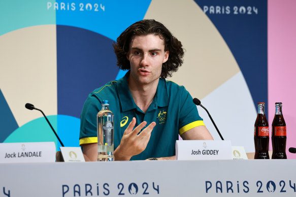 Australian basketballer Josh Giddey speaks at a press conference on Monday in Paris. 