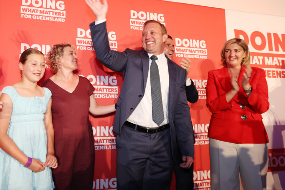 Steven Miles at Labor’s campaign launch with daughter Bridie, wife Kim McDowell, and former leadership rival Shannon Fentiman.
