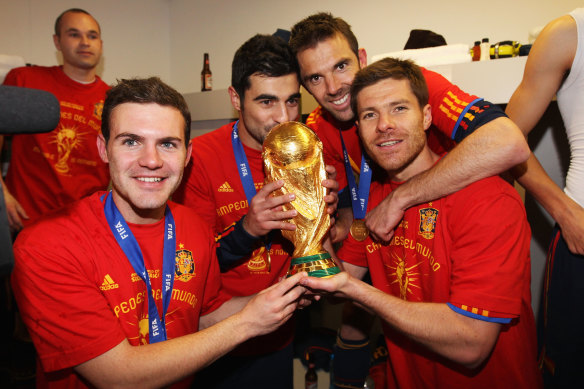 Juan Mata (left) with Raul Albiol, Carlos Marchena and Xabi Alonso after Spain’s 2010 World Cup victory in South Africa.