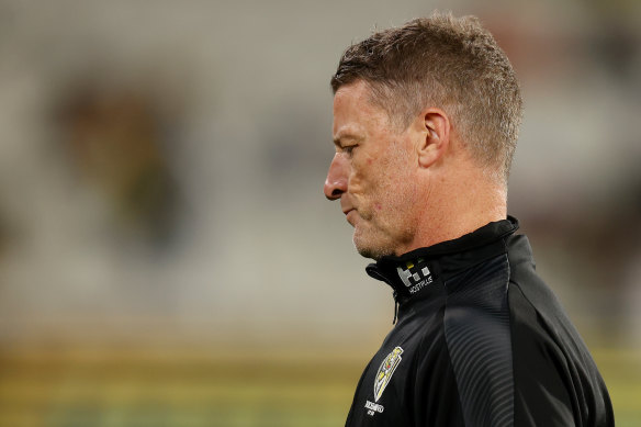 Damien Hardwick looks on during the Round 15 match between the Tigers and Saints.