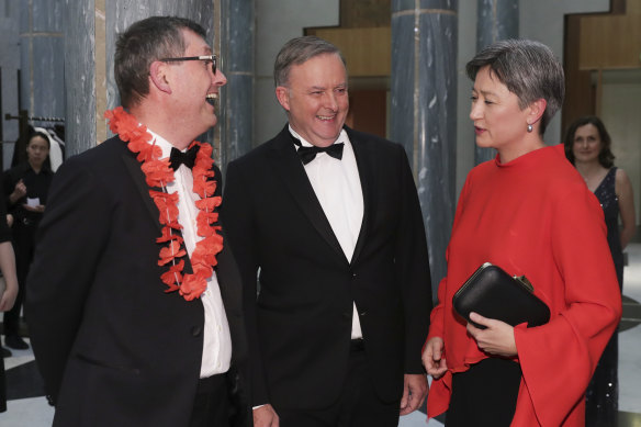 David Crowe, chief political correspondent for The Sydney Morning Herald and The Age, with Opposition Leader Anthony Albanese and Labor's foreign affairs spokeswoman Penny Wong.