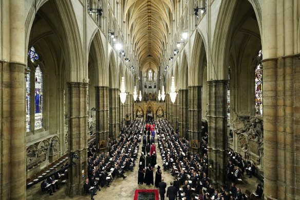 Dignitaries arrive inside Westminster Abbey ahead of The State Funeral of Britain’s Queen Elizabeth II.