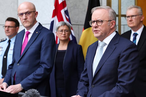 AFP Commissioner Reece Kershaw, ASIO director-general of security Mike Burgess, Foreign Affairs Minister Penny Wong, Prime Minister Anthony Albanese and Home Affairs Minister Tony Burke at Parliament House on Tuesday.