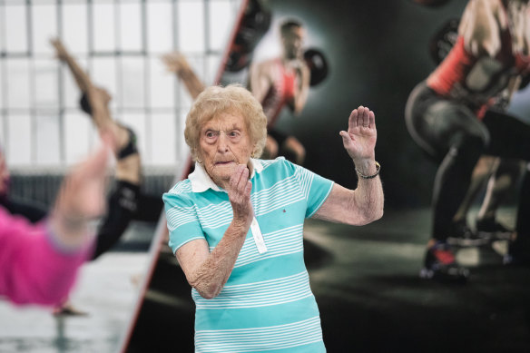 Edna Sheppard, 100, works out at the Broadmeadows Aquatic and Leisure Centre.