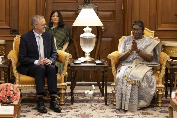 Prime Minister Anthony Albanese at a meeting with President of India Droupadi Murmu earlier this year. This week she was described as the “President of Bharat” on an invitation.