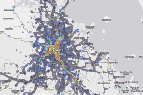 This heatmap shows a regional view of visitor movement two hours before arriving at Suncorp Stadium for Magic Round, from Friday to Sunday.