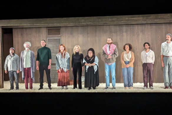 Actors Mabel Li, Megan Wilding and Harry Greenwood wear keffiyehs for the curtain call of opening night of The Seagull in November.