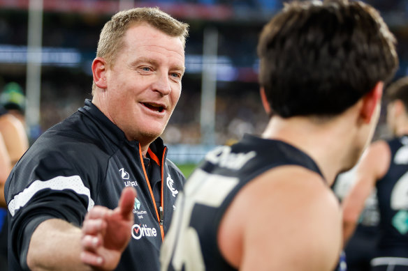 Happy days: Carlton coach Michael Voss.