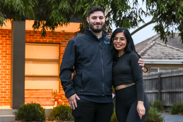 Jasmine Pansino and Adam Moretto at their rental home in Lalor. They recently signed a contract to build a home on Melbourne’s outskirts in Donnybrook.