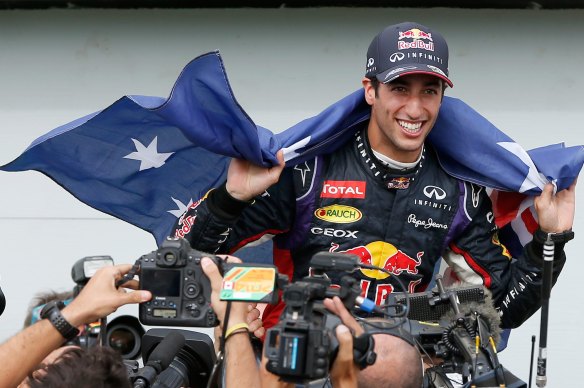 Daniel Ricciardo celebrating his first grand prix victory in 2014, after winning for Red Bull in Montreal.