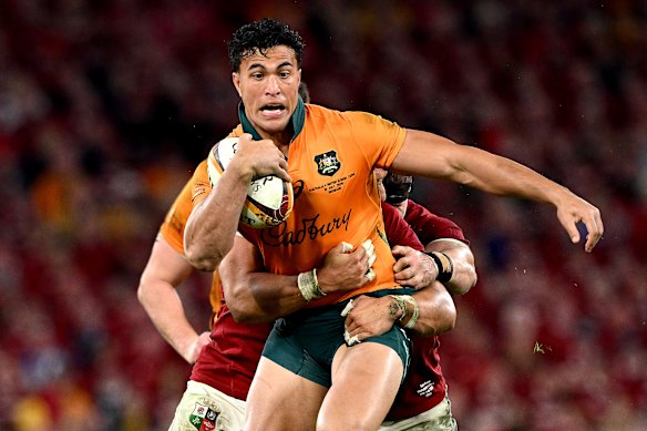 Joseph-Aukuso Suaalii attempts to break the Lions defence.