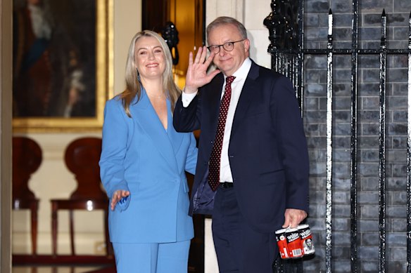 Prime Minister Anthony Albanese and Jodie Haydon arrives for a dinner reception at 10 Downing Street.