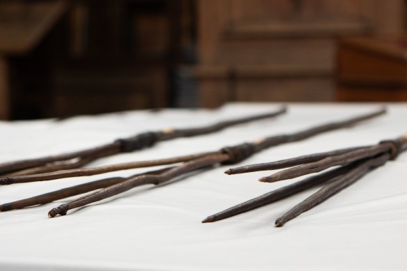 The four spears, ready to be returned to Australia from Trinity College, Cambridge.