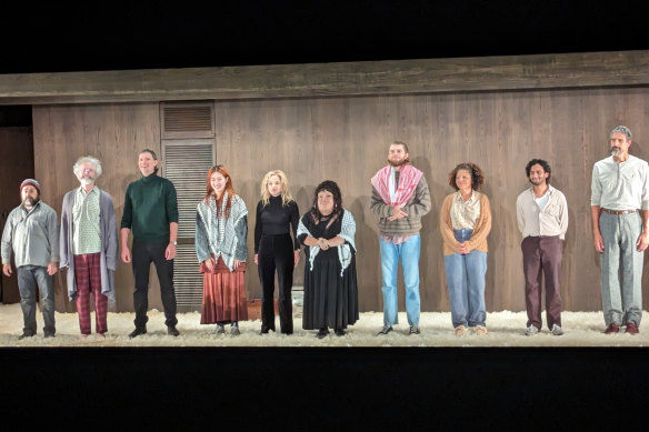 Actors Mabel Li, Megan Wilding and Harry Greenwood wear keffiyehs for the curtain call of opening night of The Seagull in November.