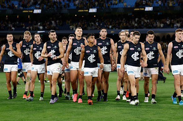 The Blues leave the field after the shock loss to Richmond in round one in March.