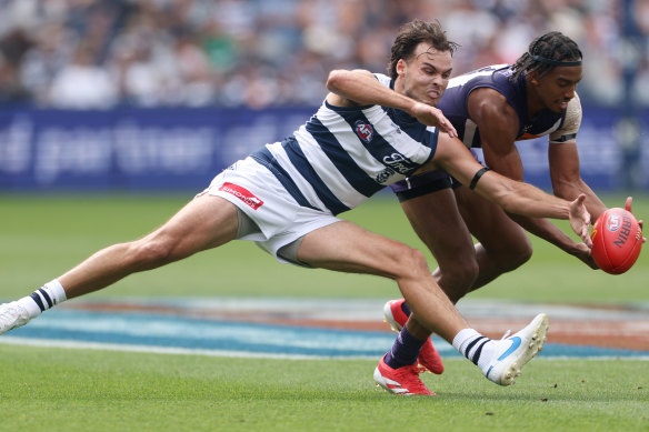 Geelong’s Jack Bowes and Fremantle’s Brandon Walker.