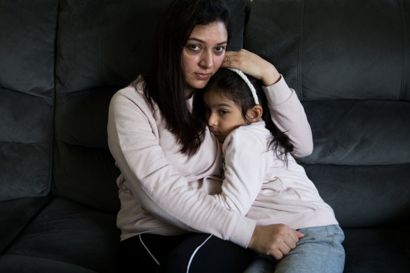 Amandeep Kaur with her daughter Samreet, 4, alone in their home in Toongabbie in Sydney's west.
