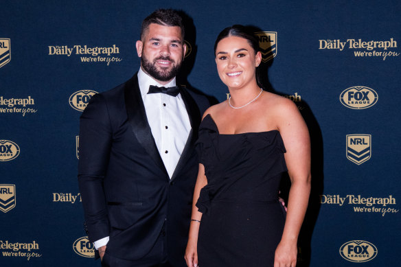 Adam Reynolds of the Broncos and his partner Tallara Simon-Phillips.