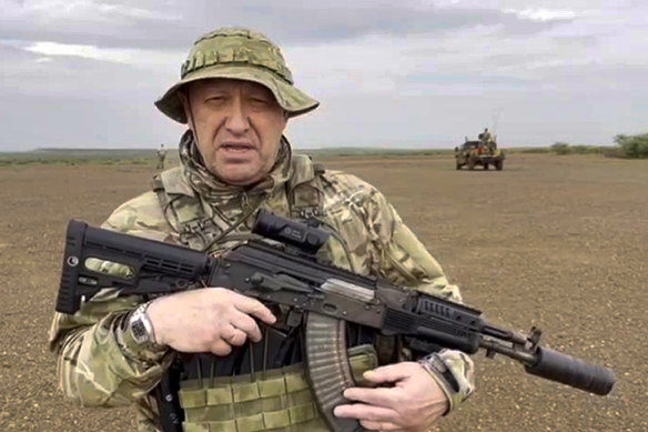 Yevgeny Prigozhin, the owner of the Wagner Group military company speaks to a camera at an unknown location. 