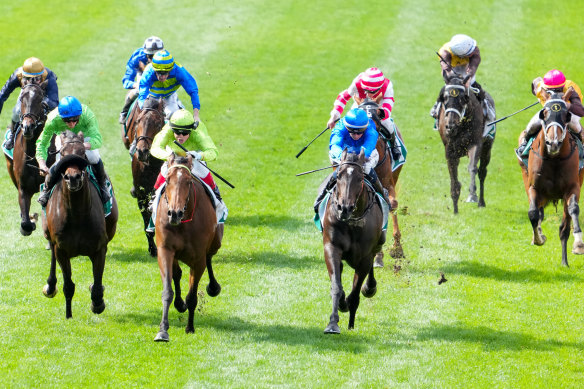 Berkeley Square and Craig Williams (fifth from left) power down the straight.