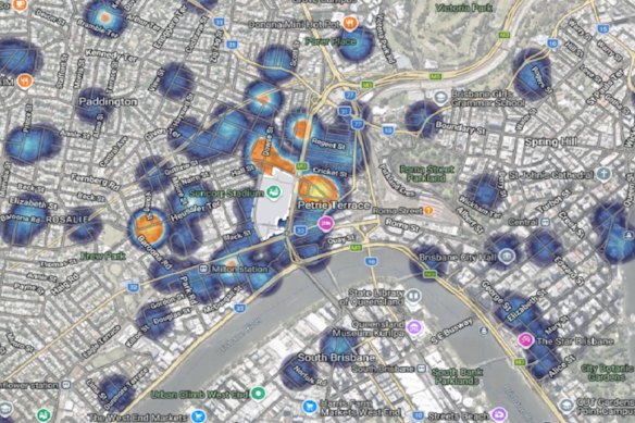 This heatmap shows the city view of where visitors stayed the most two to four hours after leaving Suncorp Stadium. The data is an accumulation of stay over the Friday to Sunday duration of the event.